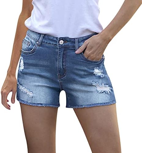 MGBD жени лето искинато тексас дизајнер на дизајнерот обични топли панталони испружена Бермуда со џебови трендовски потресени шорцеви од