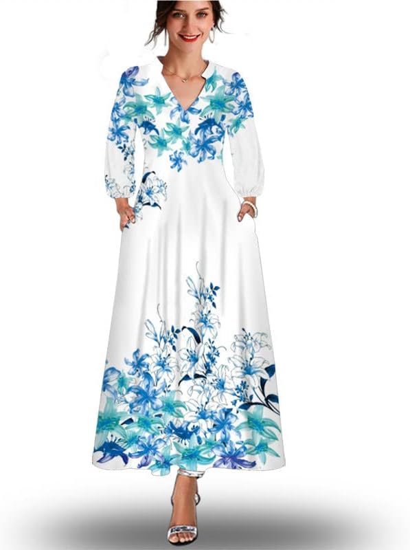 Обични макси фустани на Brkewi за жени 2022 година, долги ракави пад фустан Длабок V вратот џеб со долги фустани Бохо плажа Сонце фустан