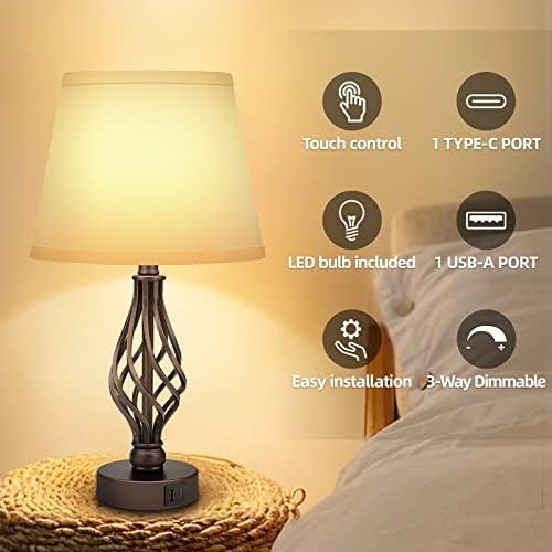 Wiomonrew Touch Table Table Lamps Side Set од 2-Допир за легла во кревет за ноќен ламба од 2 со USB Type-C пристаништа, 3-насочен
