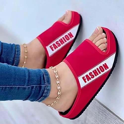 Летни влечки за жени меки ткаенини рамни сандали женски удобни надворешни петици букви во боја блок платформа за папучи