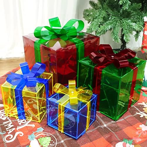 [Поголема големина 12 -8 -6 -5] 4 парчиња 70 LED осветлени кутии за подароци Божиќни украси Адаптер за напојување на транспарентни Божиќни кутии