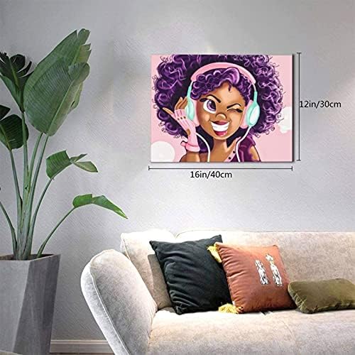 Афроамериканец девојче платно wallидна уметност црна девојка loveубов музика магија виолетова коса плака за уметност розов