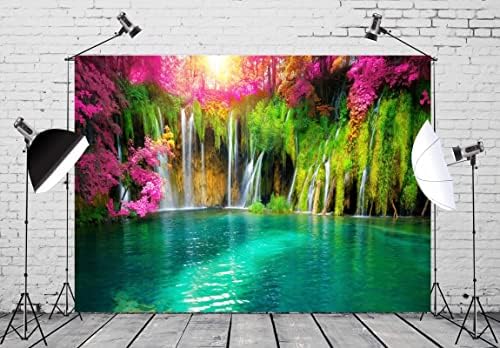 Локатор 7x5ft ткаенина водопад позадина пролетни цвеќиња Зелена сценска позадина таписерија патувања Тема роденденска забава украси 3Д пејзаж