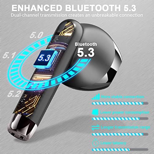 Безжичен ушен уш, Bluetooth 5.3 Слушалки Длабоки бас Bluetooth Earbud со 4 MIC, Bluetooth слушалки во бучава од уво кои откажуваат