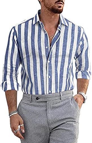Менс модна лежерна лента со лента за ленени лапчиња со долги ракави кошула врвна маица мажи графички