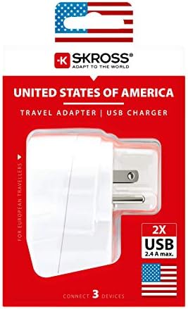 Skross Europe во САД Двојна USB адаптер за патувања, адаптер за патувања интегрирани со двојно USB Port & USA Plug, дизајниран во Швајцарија
