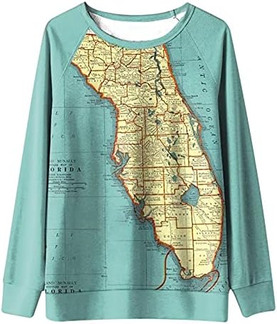 Маици за жени Светски мапи за печатење кошули жени со екипаж на долги ракави, лесни блузи со лесни блузи
