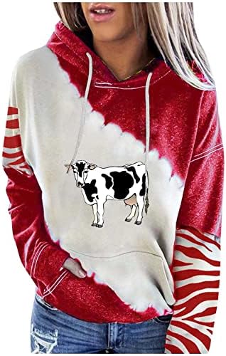 Врвови за женска маица крава печатење качулка пулвер блуза крпеница капка рамената маичка со долги ракави џемпери за џемпери