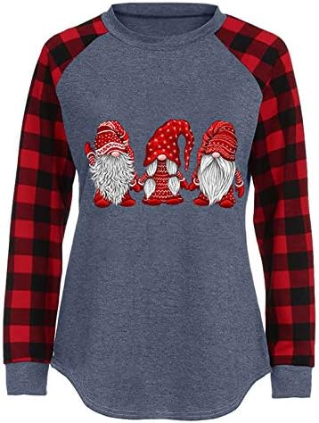 Gatxvg Women 2022 Божиќни врвови Дедо Мраз за печатење на санта, обични лабави карирани ракави, екипаж џемпери џемпери џемпери кошули кошула