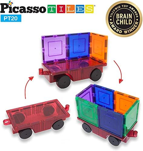 Picassotiles 2 парче автомобил камион + магнетна тула и плочки комбо сет, плочка за магнет со возила со повторно засилен метеж и долг