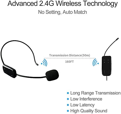 Micvista Wireless Microphone Helids, опсег од 160 стапки, микрофон за безжични слушалки од 2,4G, за микрофон за микрофон, засилувач, PA Systems