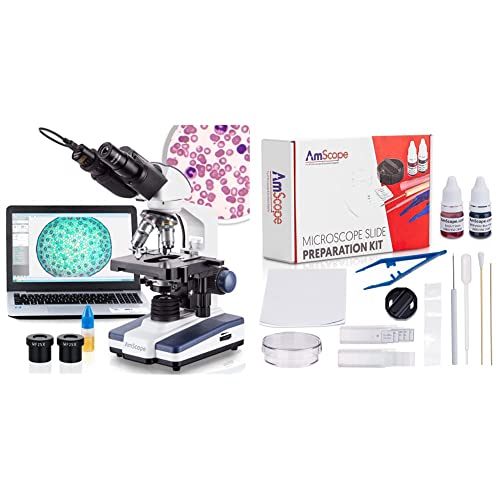 AMSCOPE-40X-2500X LED дигитален двогледен соединение микроскоп со 3D фаза + 5MP USB камера и комплет за подготовка на слајд на микроскоп SP-14,
