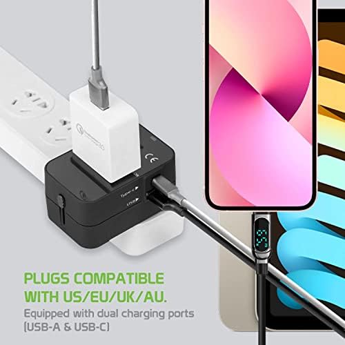 Travel USB Plus Меѓународен адаптер за напојување компатибилен со Asus Zenfone Max за светска моќност за 3 уреди USB TypeC, USB-A за