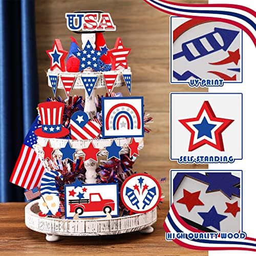 15 парчиња 4 -ти јули издвоени таблички декор Патриотски декор на маса, дрво знаци на Денот на независноста Денот на декорациите за спомен -обележја на американската