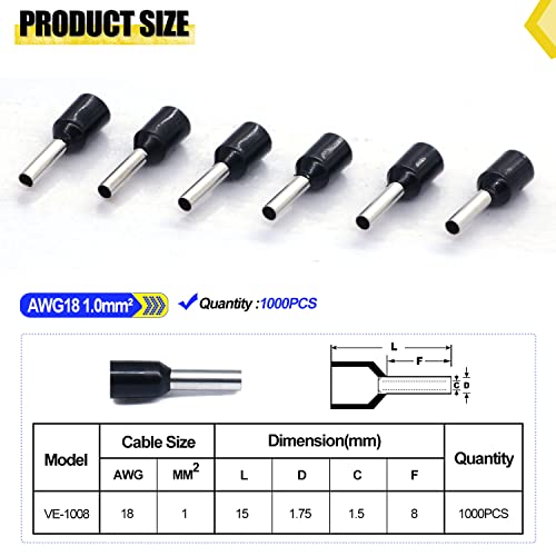 Twidec/1000pcs AWG18 жица Ферули терминали Ферул жица крим на терминал конектор за конектор завршува терминали црна VE1008-bk