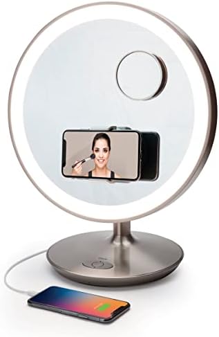 IHOME Beauty Glow Ring XL 13 огледало за шминка со Bluetooth звучник, звучник, USB полнење, отстранлив телефонски монтажа, батерија што може да се надополнува и 3 режими на LED боја