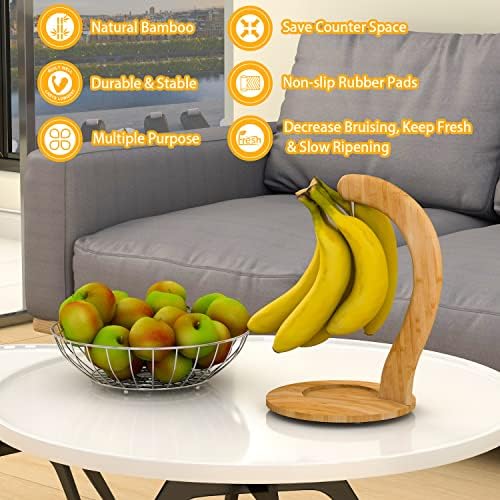 Закачалка за банана Држач За Бамбус Држач-Цврст Дисплеј со Кука За Дома Или Бар, Складирање Овошје На Работната Површина, Природна Боја