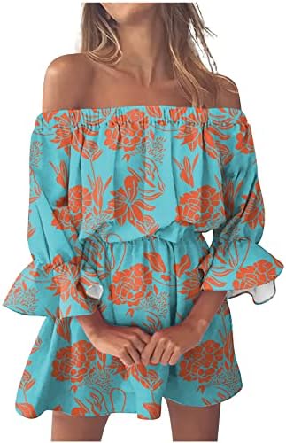 Летни фустани за жени 2023 плажа секси садница од рамото случајно лабаво вклопување bellвоно ракав боемски печатен мини фустан