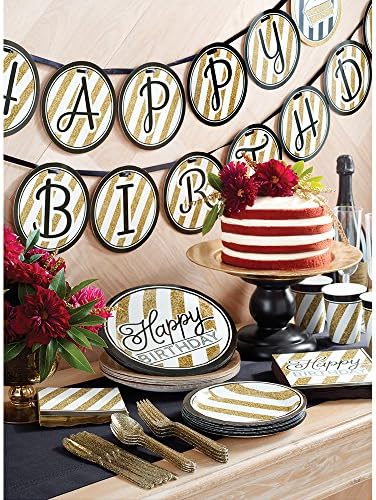 Креативно претворање на црно -злато среќен роденденски салфетки за ручек, 6,5 “, 16 брои