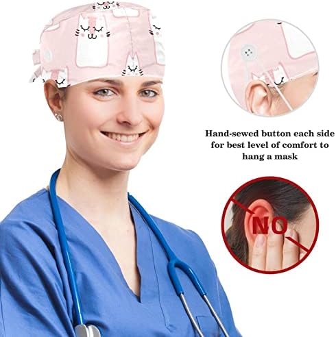 Операција капа буфан капа работно капаче со копчиња и лакови за коса за жени, долга коса, розова слатка слатка мачка шема