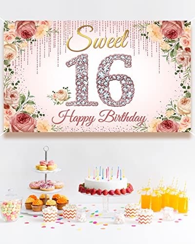 HTDZZI Слатка 16 Роденден Украси, Розово Злато Среќен 16-Ти Роденден Позадина Банер За Девојки, Розова Цветни Слатка Шеснаесет