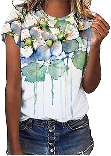 Womenените кратки ракави врвови летни цветни печатени печатени туники врвови на екипажот лабав вклопуваат маици облечени дневни