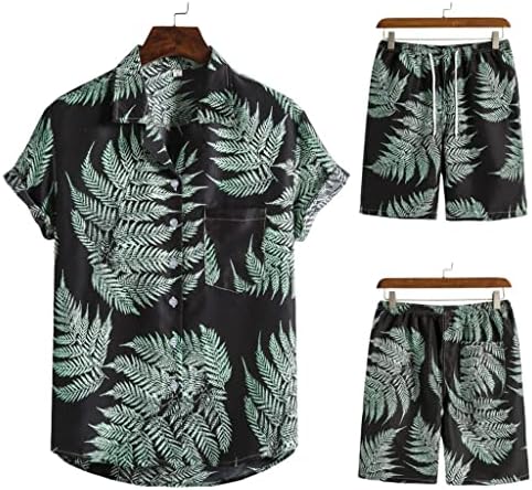 Yfqhdd Хавајски плажа во стил на јака, шорцеви со кратки ракави, костуми за мажи со две парчиња