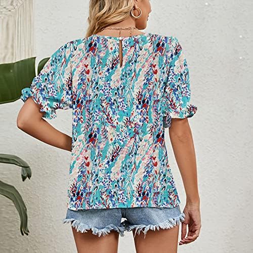 Флорални врвови за печатење за жени облечени, мафини кратки ракави маици за лето-лесен трендовски лабав вклопат блузи маички врвни врвни