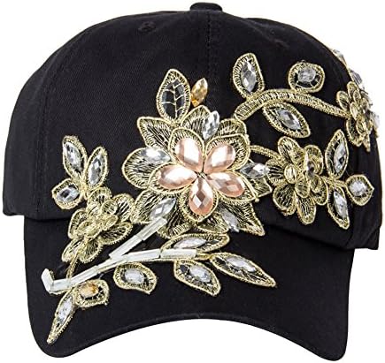 Елонмо Блинг капа, женски слатки чипка цвеќиња Бејзбол капа со накит Rhinestone Bling Hats фармерки мијат тексас Snapback
