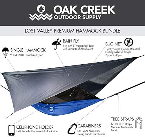 Оук Крик го загуби хамак за кампување во долината. Пакетот вклучува мрежа од комарци, летање со дожд, ленти од дрвја, вреќа за компресија. Тежи четири килограми, совр