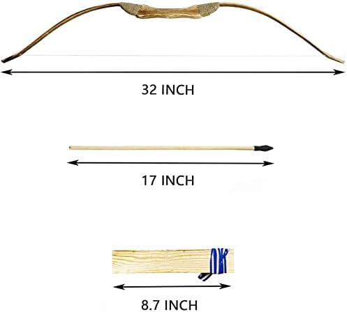 Лалапорт 32 инчи рачно изработени 2 парчиња дрвен лак и стрела сет, играчки лак и стрела, 2 лакови 2 квивери и 20 стрели од дрво, стрелаштво