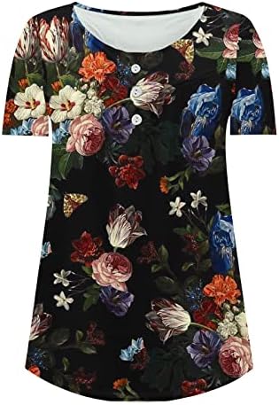 Обични цветни кошули Хенли за жени се кријат на стомакот Туника врвови 2023 летни блузи со краток ракав за носење со хеланки