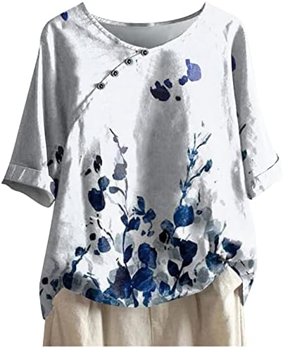 Маица за блуза за жени кратки 1/2 ракав екипаж, памучен цвет графички пердув лабав вклопување опуштено вклопување во p9