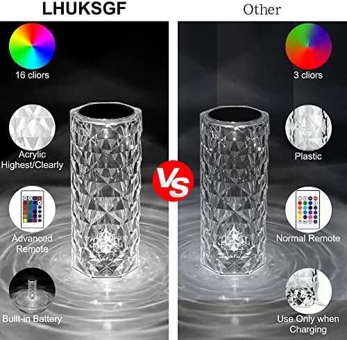 Светилка за кристална маса lhuksgf, 16 затегната контрола на допир во боја USB безжична акрилна дијамантска ноќна светлина со далечински