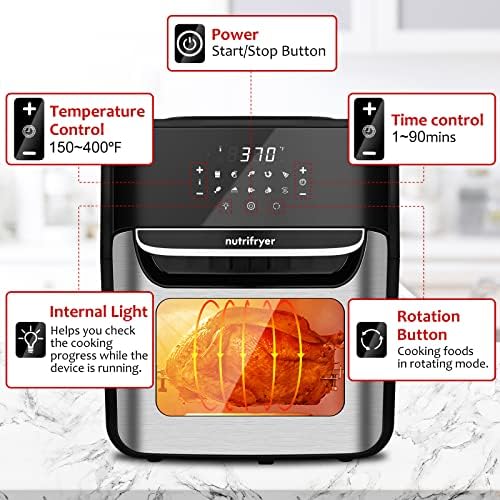 Nutrifryer 12,7 QT Air Fryer Ryer, 10-во-1 конвекција на рерна со LED дигитален екран на допир и визуелизиран прозорец, 10 претходно поставувања за готвење за печење, печење или дехидр?