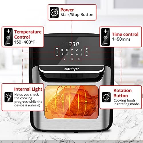 Nutrifryer 12,7 QT Air Fryer Ryer, 10-во-1 конвекција на рерна со LED дигитален екран на допир и визуелизиран прозорец, 10 претходно поставувања