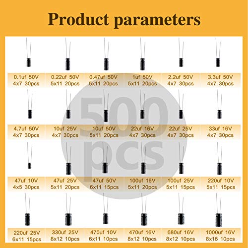 500pcs 24values ​​Комплет за асортиман на електролитички кондензатор 10V/16V/25V/50V опсег 0,1UF-1000UF, комплет за алуминиумски електролитски