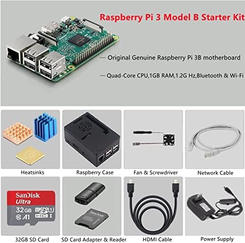 Rastech Raspberry Pi 3 Model B Starter комплет со 32 GB микро SD картичка, напојување со вклучување/исклучување, Case, Micro SDHC картичка,