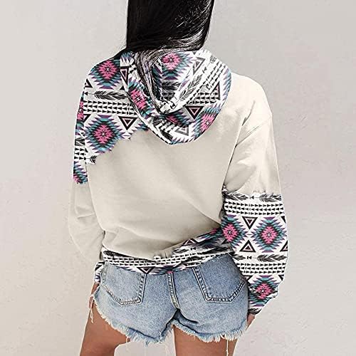Fragarn женски случајни качулка, женски худи геометриски џемпер за печатење со долг ракав симпатичен западен пуловер влечење