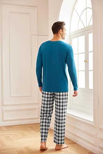 Екоаер пижами сетови за мажи со долги ракави PJS постави мека облека за спиење со карирани панталони 2 парчиња пижами поставени со највисокиот хонорар на Хенли