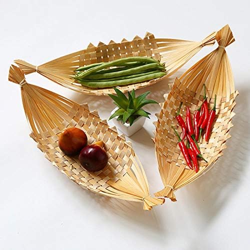Бамбус ткаена овошна плоча, корпа за десерт, храна чинија ткаена форма на брод, креативна кујна за храна корпа-примарна боја