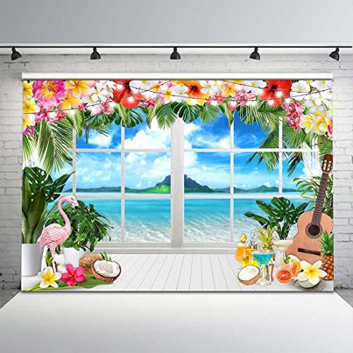 Авезано лето тропска плажа позадина Фламинго Хаваи Сивер остров прозорец позадина Бебе роденденски туш Луу Декорација на забава торта табела банер фото штанд рек?