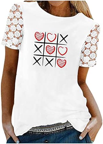 Обични летни врвови за жени 2022 година бела валентин чипка дупка кратка ракав екипаж симпатична кошула за печатење графички графички маички