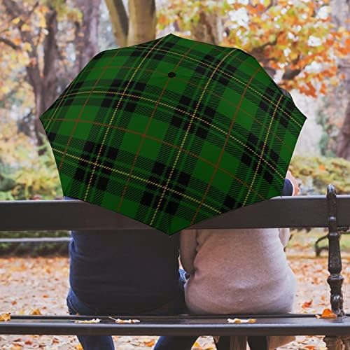 Зелен Шкотски Тартан Кариран Чадор За Патување Издржлив Ветроупорен Преклопен Чадор за Дожд Пренослив Чадор Автоматско Отворање И Затворање