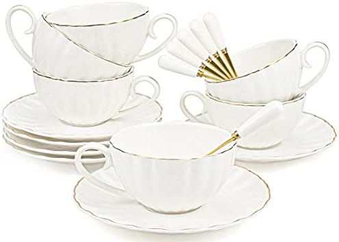 Yesland Сет на 6 Кралската Чаши Чај И Чинии Со Злато Трим, 8 Унца Бел Порцелан Чај Во Собата &засилувач; Британскиот Кафе Чаши, Бела Млеко