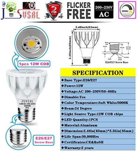 JSVSAL 1-Пакет, Затемнети PAR20 LED Рефлектор Сијалица, 12W AC 200~230V E27 База PAR20 Тесен Зрак Рефлектор Зрак Агол 24 Степен