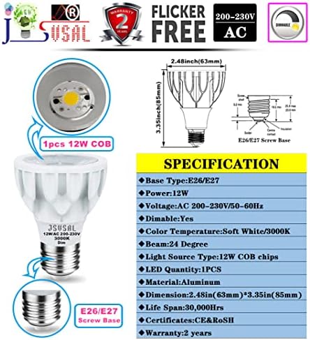 JSVSAL 1-Пакет, Затемнети PAR20 LED Рефлектор Сијалица, 12W AC 200~230V E27 База PAR20 Тесен Зрак Рефлектор Зрак Агол 24 Степен 100w Халогени Сијалица Еквивалент За Песна Светлина