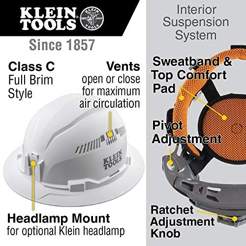 Klein Tools 60401 тврда капа, вентилатор, целосен стил на гребење, поставена, бела & 56062 LED предводена светлина/работна светлина за Klein Hardhats, 300 лумени, целодневно траење, 3 реж?