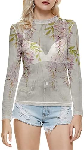 Плус големина женска летна модна рунда на вратот со долги ракави со долги ракави полусранспарентни врвови на врвови на маици