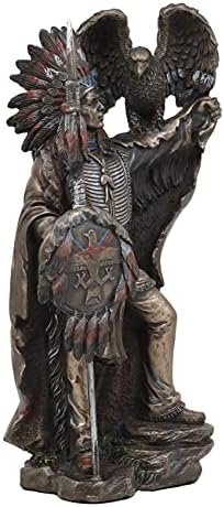 Еброс домородноамерикански индиски племенски началник воин со роуч глава штит и ќелав орел извидник статуа на птици 8,5 високи фигурини и статуи,